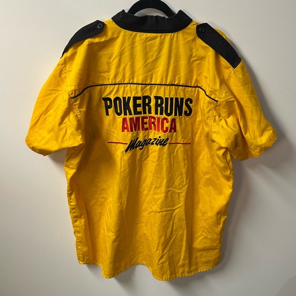 Y2K POKER RUNS AMERICA men's yellow black embroidered button down shirt, XL. - Picture 2 of 8